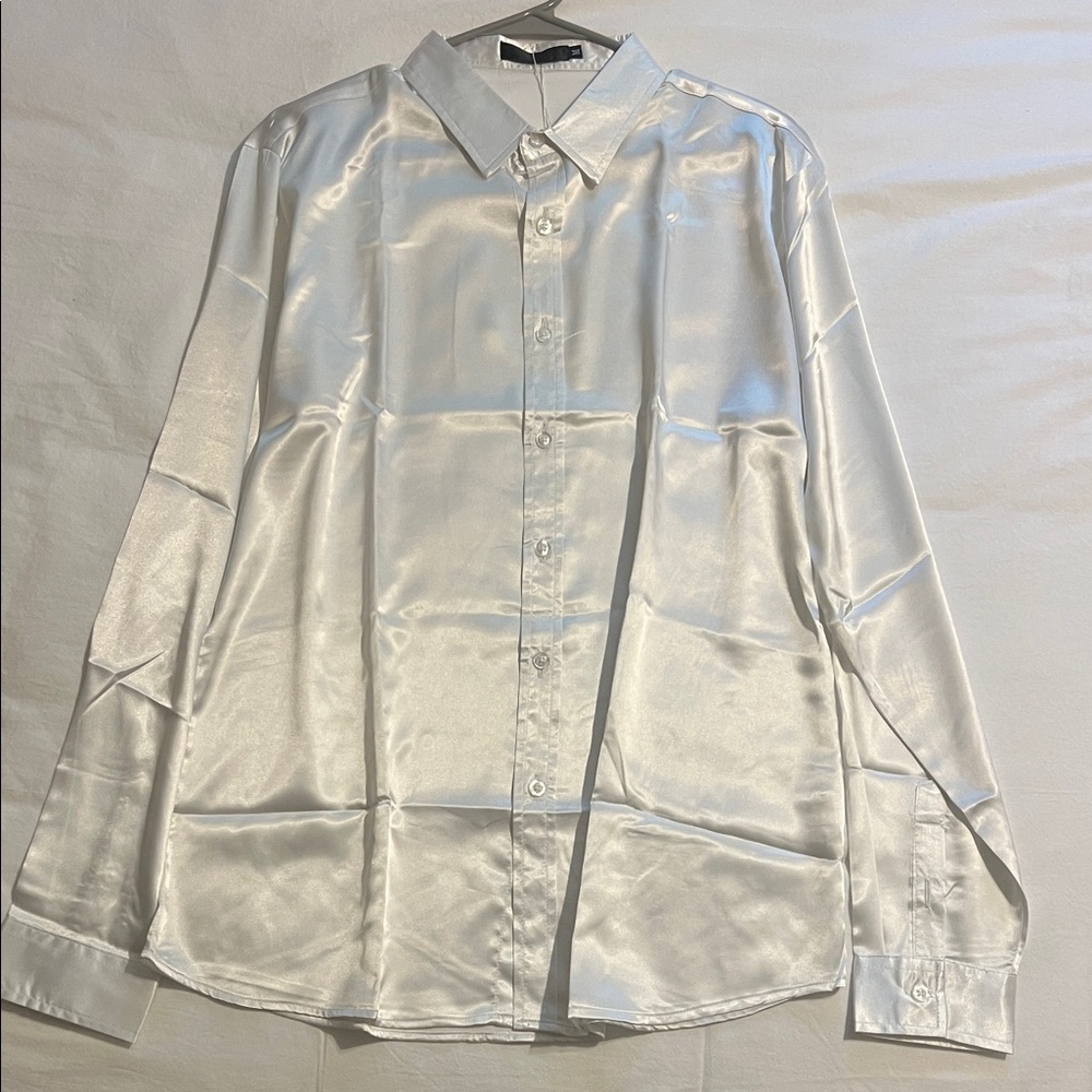 Men's Elegant White Satin Button Down Shirt
